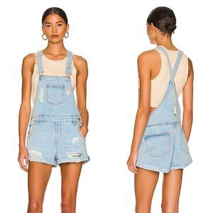 Revolve Superdown Meghan Distressed Short Overalls Shortall Denim Light Wash L